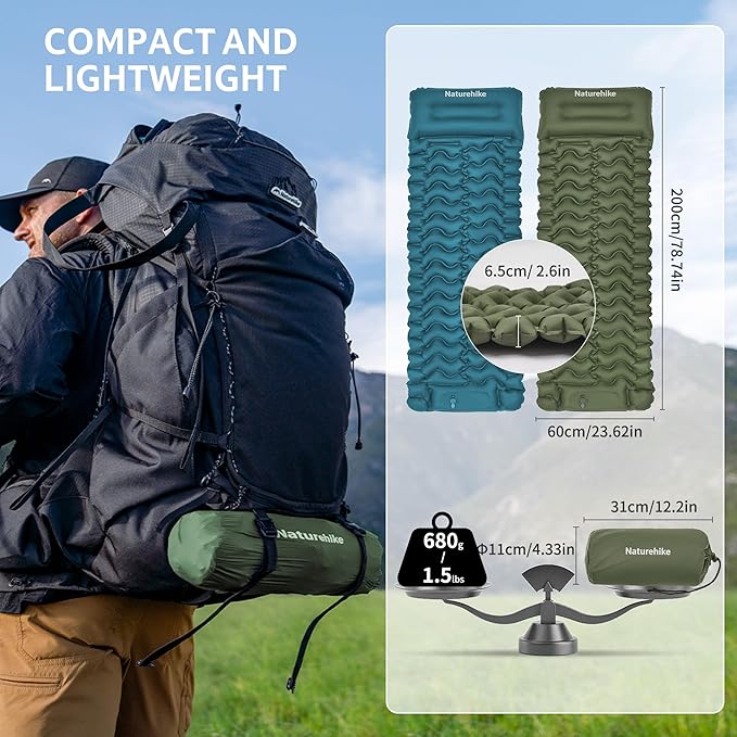 Naturehike Camping Sleeping Pad, Ultralight Inflatable Sleeping Mat with Pillow Built-in Pump, 2.6 Inch Lightweight Air Mattress for Backpacking, Hiking, Traveling