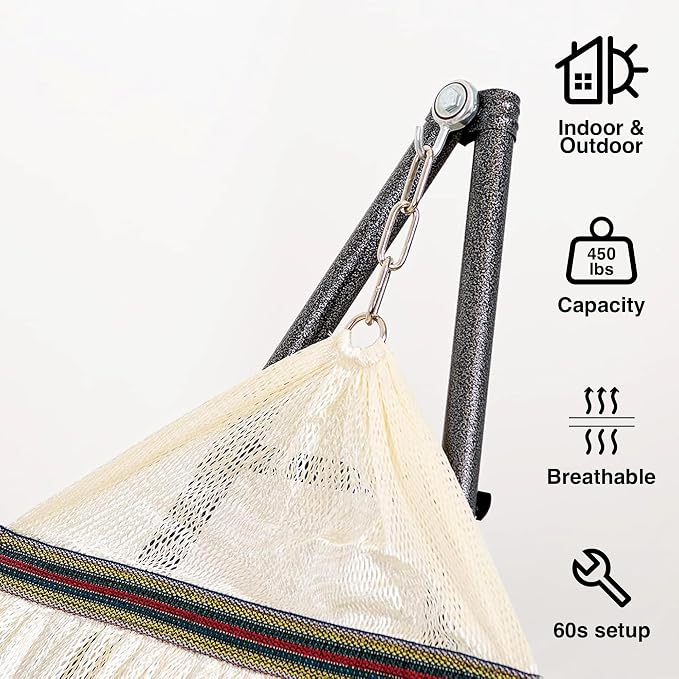 Best Home Fashion Portable Hammock with Collapsible Steel Stand, 450 lbs Capacity, No Tools Assembly, Carrying Bag Included, Perfect for Indoor Outdoor Backyard Patio Camping Beach, Ivory