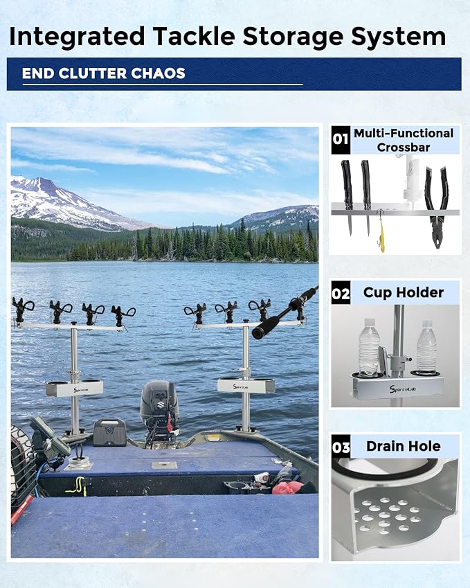 Spider Fishing Rod Holders for Boat, Aluminum Crappie Fishing Pole Mount, Adjustable Height & Angle, Boat Rod Rack for Spider Rigging