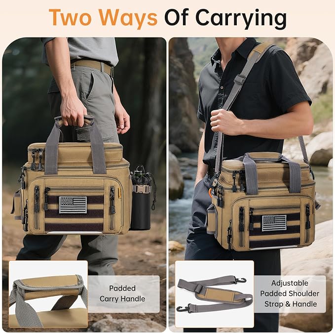 Fishing Tackle Bag - Holds 3400-3600 Size Tackle Boxes (Kahki) | Fit Saltwater & Freshwater & Night Fishing, Reflective Strip Design, Durable Material, Lagre Capacity, Padded Shoulder Strap