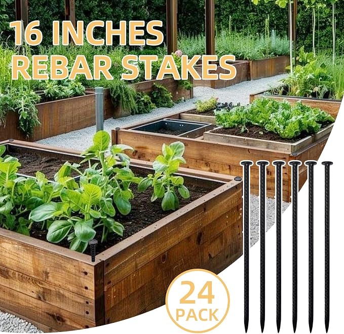 16 Inch Rebar Stakes, 1/2 Inch Diameter Galvanized Steel Ground Anchors, Heavy Duty Metal Spikes for Speed Bump, Wheel Stop, Parking Curb and Tent (24 Pack, Black)