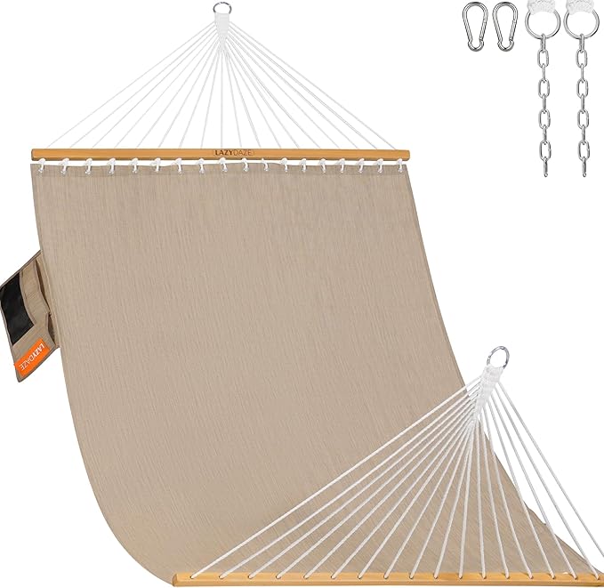 Lazy Daze Hammocks 11 FT Double Outside Hammock Quick Dry Olefin Fabric Hammock with Spreader Bar & Side Pocket for Outdoor Poolside Backyard 450 lbs Capacity, Khaki