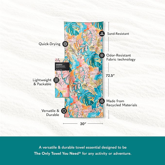 Nomadix Original Towel - Perfect for Beach, Pool, Travel, Camping, Yoga - Made with Recycled Materials - Super Absorbent - Sand Resistant - Jungle - 72.5x30