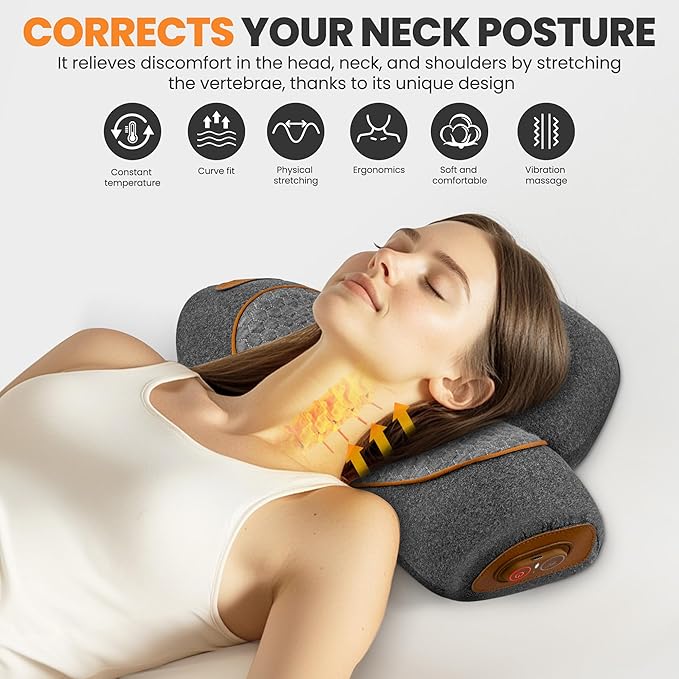 3-in-1 Neck Massage Pillow—with Heat, Massage, and Traction Stretching,Deep Tissue Massage Relieves Shoulder and Neck Muscle Pain and Stiffness,Suitable for Men and Women, Grey