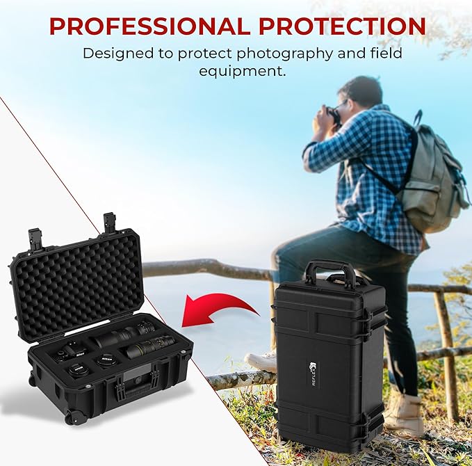 Reflex Camera Large Protective Hard Camera Case suitable for Drones, Lens, DSLR & Guns. Smooth Rolling Wheels, Waterproof IP67, Shockproof (Rolling Hard Case with Foam)
