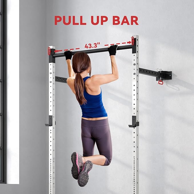 Soozier Folding Squat Rack with Adjustable Pull-Up Bar, 1000 Pounds Capacity Wall Mounted Power Rack, Adjustable Steel Barbell Rack with J Hooks for Home Gym Full Body Workout