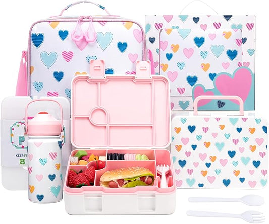 Kids Bento Lunch Box with 6 Compartments Girls Lunch Box with Lunch Bag,Stainless Steel Water Bottle,Ice Pack & Utensils Set,Birthday Gifts for Ages 3-12 Back to School Toddler Girls