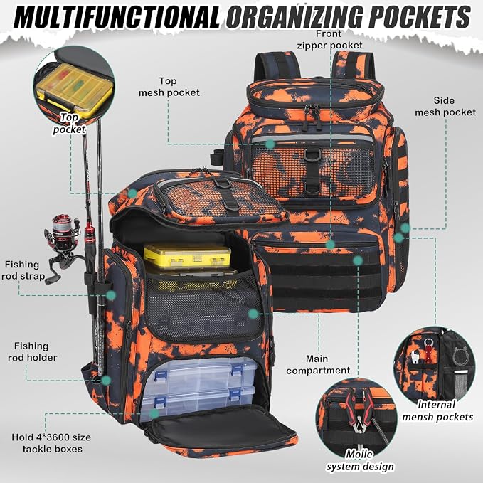 HAMBOLY Fishing Backpack 45L with Rod Holders, Water-Resistant Tackle Backpack for Fishermen, Large Capacity Fishing Gear Bag for Travel Hiking Camping
