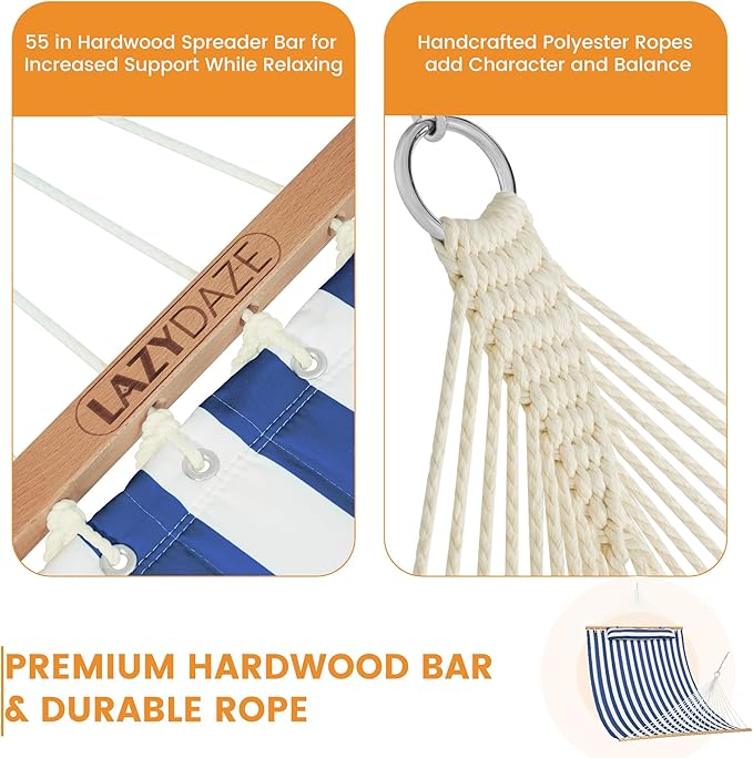 Lazy Daze Hammocks 12FT Quilted Fabric Double Hammock with Spreader Bars and Detachable Pillow, 2 Person, 450lbs Capacity, Blue White