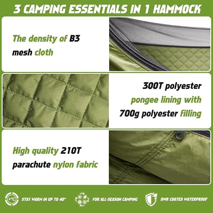 Camping Hammock with Mosquito Net with Underquilt & Rain Fly Tarp - Built-in Quilt for Lightweight Soft Warm 4 Seasons, 2 Person Portable Backpacking Hammock Set for Hiking, Travel, Backyard