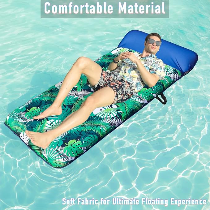 FindUWill Oversized Pool Float Lounge, 72" X 37" Extra Large Fabric-Covered Pool Floats for Adults, Inflatable Contour Lounger with Headrest Ultra-Comfort Cooling Pool Raft (XL, Monstera)