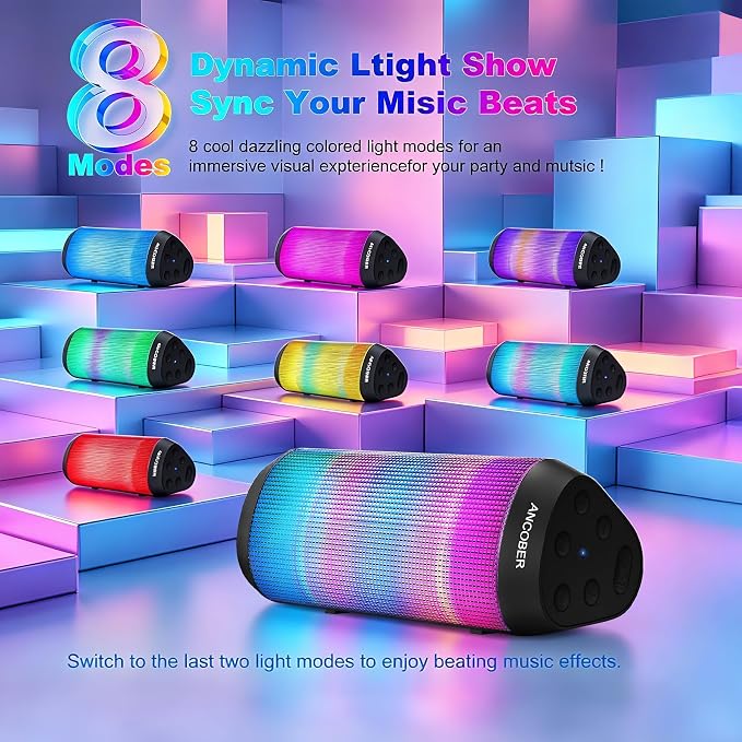 Portable Bluetooth Speaker Powerful HD Loud Sound, LED Lights, IPX4 Wateproof, 24H Playtime, Wireless TWS Pairing, Built-in Mic, for Home/Outdoor/Party, Birthday Gifts for Father Men Dad Husband