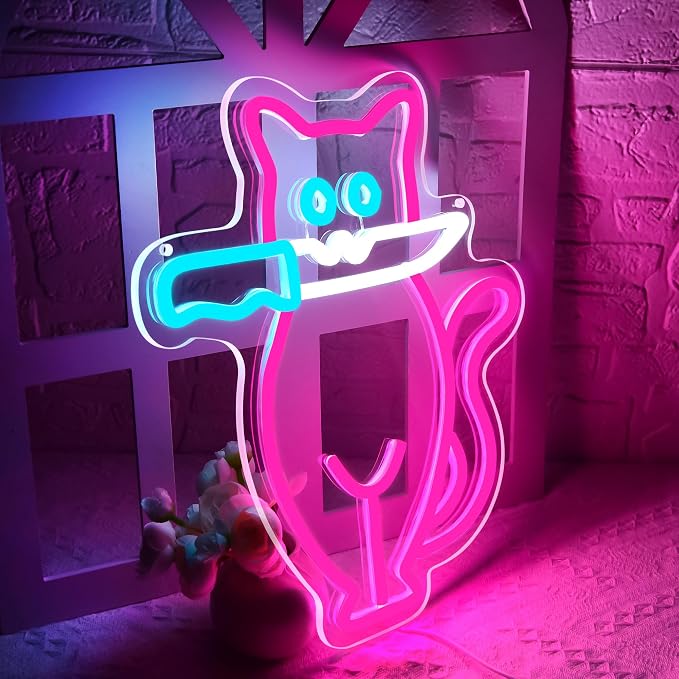 Cautiously Cat Neon Sign for Wall Decor Cat Knife Neon Light Man Cave | Dimmable Neon,Birthday Cartoon Gifts,5V USB Powered,Teen Boys Bedroom Decor,Pet Shop,Club,Bar,Shop Wall Art,11.8*13.7in
