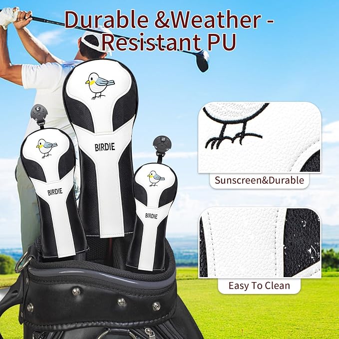 Vesperlux Birdie Golf Headcover Driver Wood Hybrid | Waterproof, Anti-Slip, 3-Pack, Universal Fit, Alignment Stick Cover, Durable, Adjustable Number Dial, Funny Unisex Golf Gift