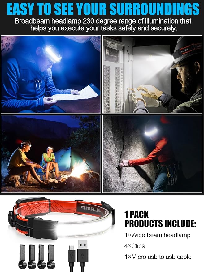 LED Headlamp Flashlight 12Packs, 1000L 230° Broadbeam Headlight, USB Rechargeable Head Lamp with Red Taillight, Lightweight Waterproof Headlamps for Camping Running Hiking, Hard Hat Headlamp