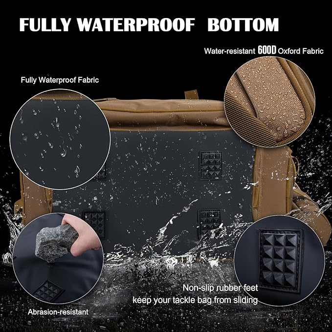 Goture Fishing Tackle Bag, Store Up to 4PCS 3700 Plus 2PCS 3600 Tackle Trays(Not Included), 600D Soft Side Gear Fishing Bag with Rod Straps,Detachable Water Bottle Pouch,Waterproof Bottom,SBS Zippers