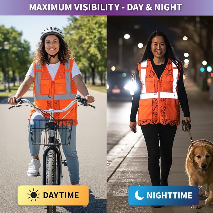 Lace-Mesh Safety Vest for Women & Men - Breathable, High Visibility Vest with Zipper & ANSI Class 2 Reflective Strips