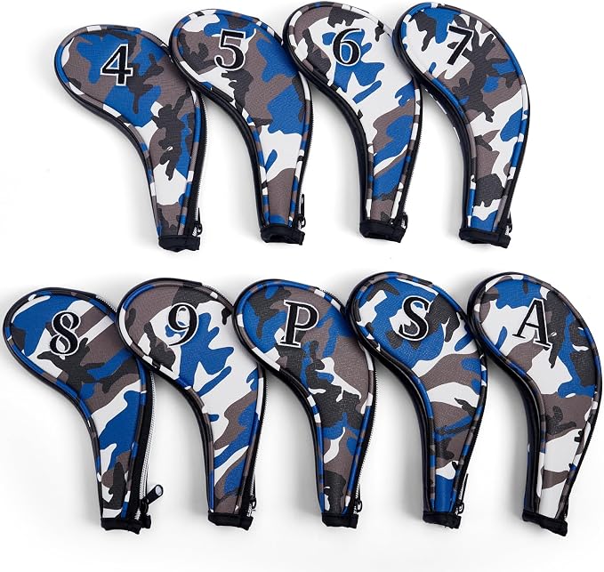 Golf Club Camo Zipper Iron Head Covers 9Pcs/Set With No. on Both Sides PU Leather Headcovers (Blue/Brown)