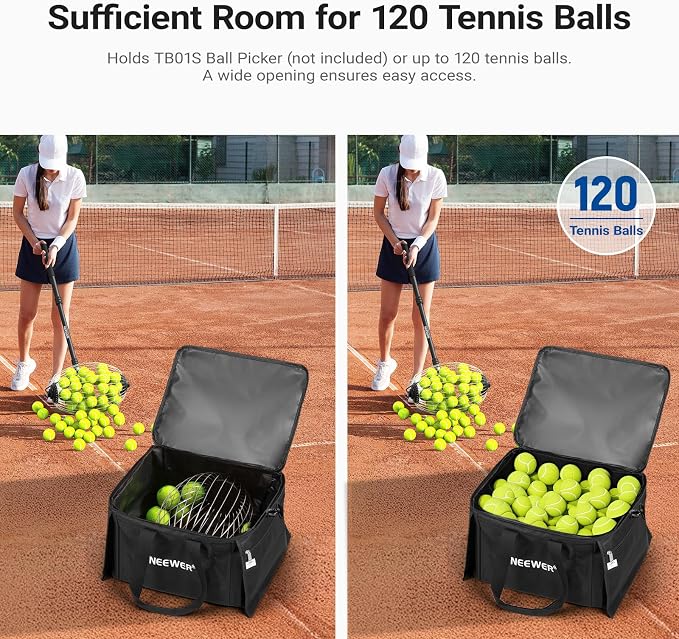 NEEWER Tennis Ball Hopper, Pickleball Retriever Collector Basket Cart Holder Tennis Court Equipment Accessory for Training Teaching