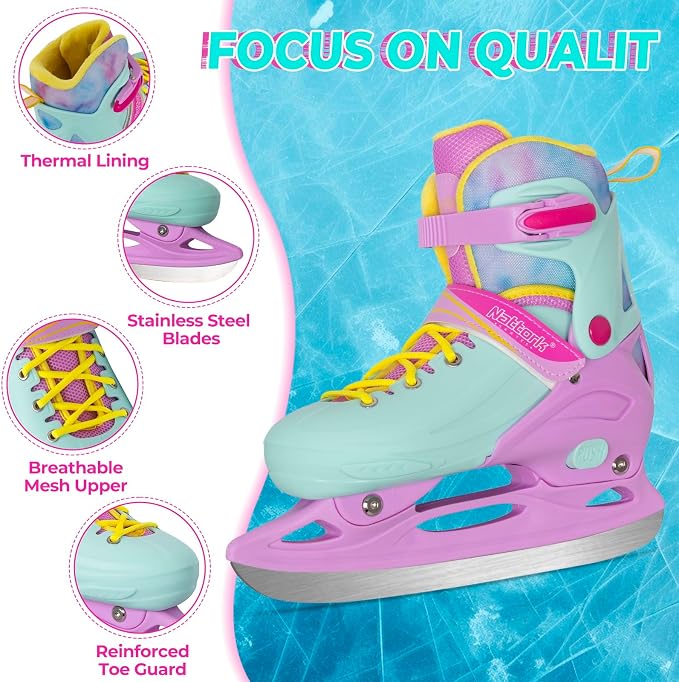 Nattork Ice Skates 4 Sizes Adjustable for Kids Boys Girls, Fun Beginner Ice Skating for Outdoor, Soft and Comfortable Hard Protection for Children Youths Teen