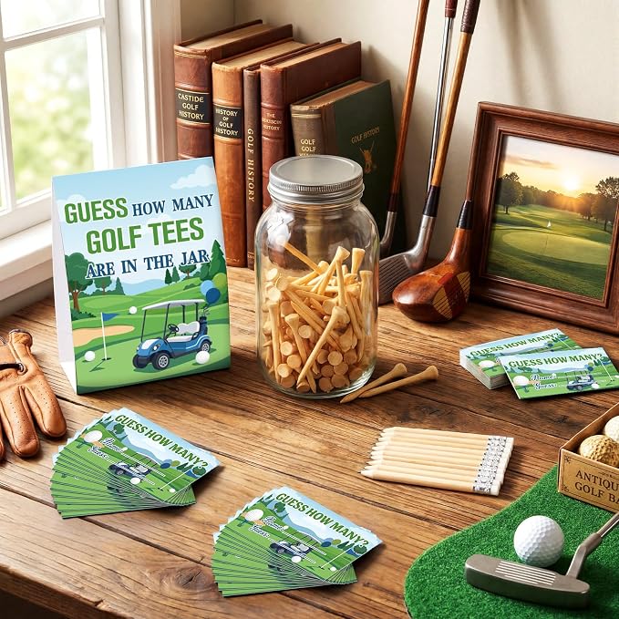 162 Pcs Golf Party Games Guess How Many Golf Tees Are in the Jar with 1 Stand Sign 50 Guess Cards 100 Wooden Tees 10 Pencils 1 Mason Jar for Golfer Themed Baby Shower Birthday Party Activity