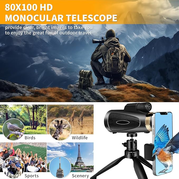 Monocular Telescope 80x100 HD Monoculars for Adults with Tripod & Phone Adapter, Monoculars for Stargazing Camping HikingTravel-Black