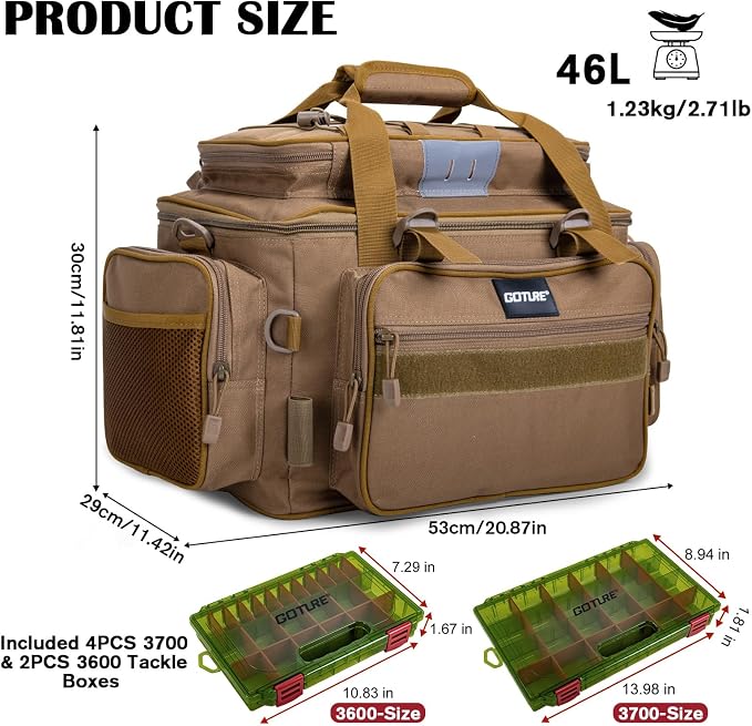 Goture Fishing Tackle Bag with 4PCS 3700 & 2PCS 3600 Tackle Boxes | 600D Water-Resistant, Rod Straps, Detachable Bottle Pouch,Waterproof Bottom, Freshwater & Saltwater Gear Storage Fishing Bag