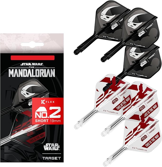Target Darts Star Wars Mandalorian K Flex Integrated Dart Flights & Shafts | Character Inspired Pack of 3 K-Flex, No.2 & No.6 | Short, Intermediate & Medium Disney Kflex Accessories