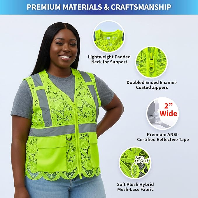 Lace-Mesh Safety Vest for Women & Men - Breathable, High Visibility Vest with Zipper & ANSI Class 2 Reflective Strips