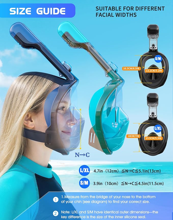 Greatever Full Face Snorkel Mask, Snorkeling Gear for Adults with Latest Dry Top Breathing System and Detachable Camera Mount, Foldable Snorkel Set for Family Snorkeling Trips, Anti-Fog & Anti-Leak