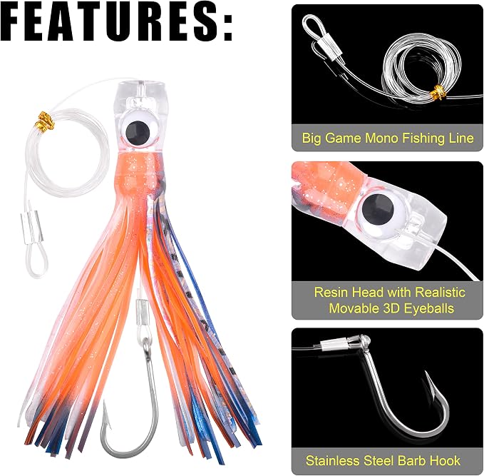 Trolling Lures Saltwater for Tuna Mahi Marlin Wahoo Dolphin Shark Offshore Trolling Baits with Squid Skirt Big Game Fishing Lures Deep Sea Squid Skirts Rig 6/9 inch
