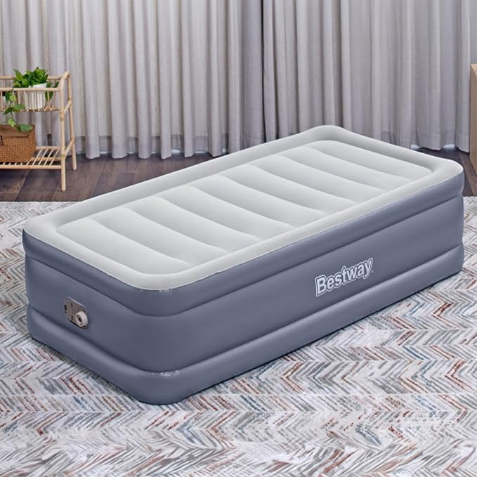 Bestway Air Mattress, TriTech Twin Airbed with Built-in Pump and Storage Bag, Gray