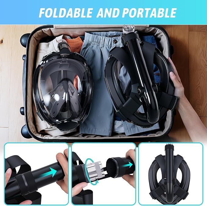 Greatever G2 Full Face Snorkel Mask for Adults Kids, 2 Pcs Snorkeling Set with Foldable Design, Dry Top System, 180° Panoramic View, Anti-Fog & Anti-Leak, Safe Breathing with Camera Mount Included