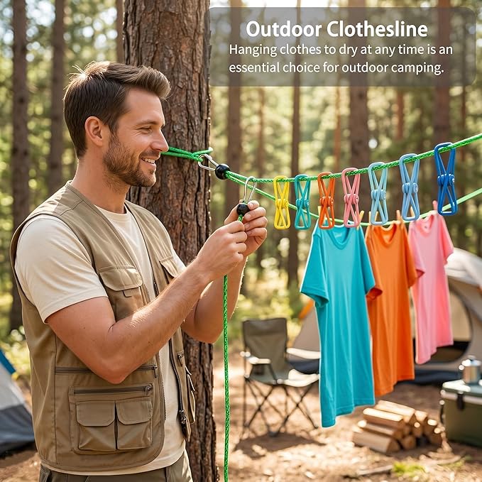 ISQ Steel Core Clothesline with 16 Clothespins 17 Anti-Slip Balls, Heavy Duty Portable for Indoor Outdoor Camping RV Balcony(1 Piece)