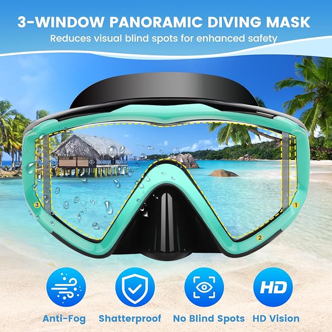 2 Pack Snorkel Mask for Adults - 180° Panoramic View, Anti-Fog Shatterproof PC Lens, Dry Snorkel Set for Diving, Swimming & Travel
