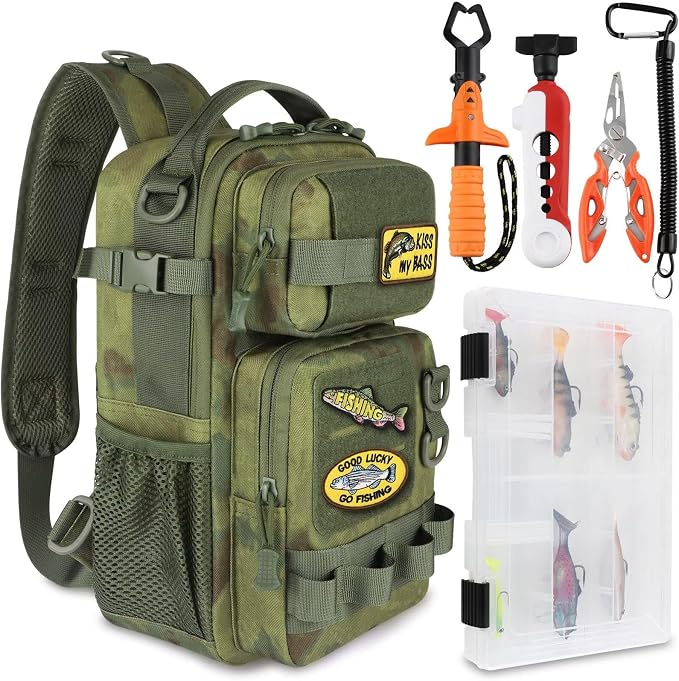 Dovesun Small Fishing Backpack Fishing Sling Bag with 3600 Tackle Box Small Tackle Backpack with Tool Set Green