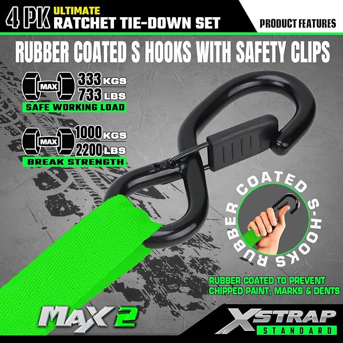 XSTRAP STANDARD 4PK Motorcycle Ratchet Straps, 1" x 15ft, 2,200 lbs Break Strength Tie Down Straps with Safety Lock S-Hooks, Soft Loop Straps and Stickers for Trucks, Cargo, Moving (Green)
