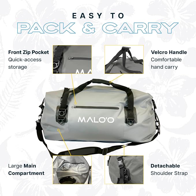 Malo’o Waterproof Dry Duffel, Heavy-Duty Roll Top Waterproof Gear Bag with Shoulder Strap & Molle Loops, Marine Duffel for Kayaking, Boating, Camping, Beach & Travel, Grey, 60L