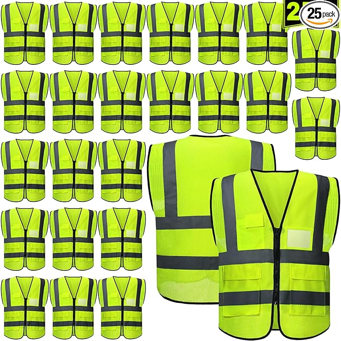 Newcotte 25 Pack Safety Vests Bulk Yellow Reflective High Visibility Vest with Mesh Pocket Zipper, Hi Vis Silver Strip for Men, Neon