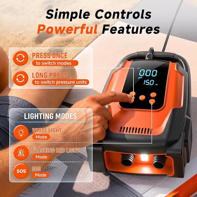 Paddle Board Electric Pump, 50 PSI High Pressure SUP Pump with Auto-Off, 12V DC Paddleboard Pump with Inflation & Deflation, 8 Nozzles Air Pump for Paddle Board, Inflatables, Kayaks, Car Tires