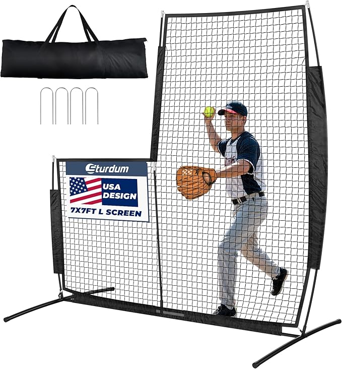 Baseball L Screen for Batting Cage, 7x7ft Pitcher Protector Net for Pitchers Protection, Includes Portable Carry Bag, 4 Ground Stakes
