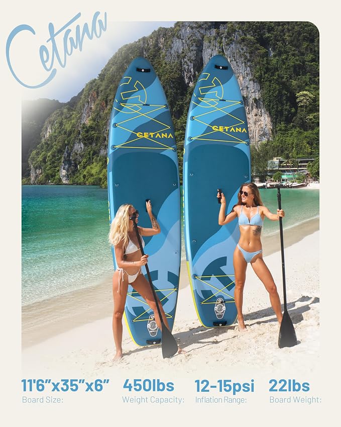 CETANA Extra Wide Inflatable Paddle Board 11'6 x 35" x 6", 450LB High Weight Capacity Wide Stable Stand Up Paddle Board for Beginners, 2–3 Person Large Paddleboard with 3 Fins, Dual Bungee, 15 D Rings