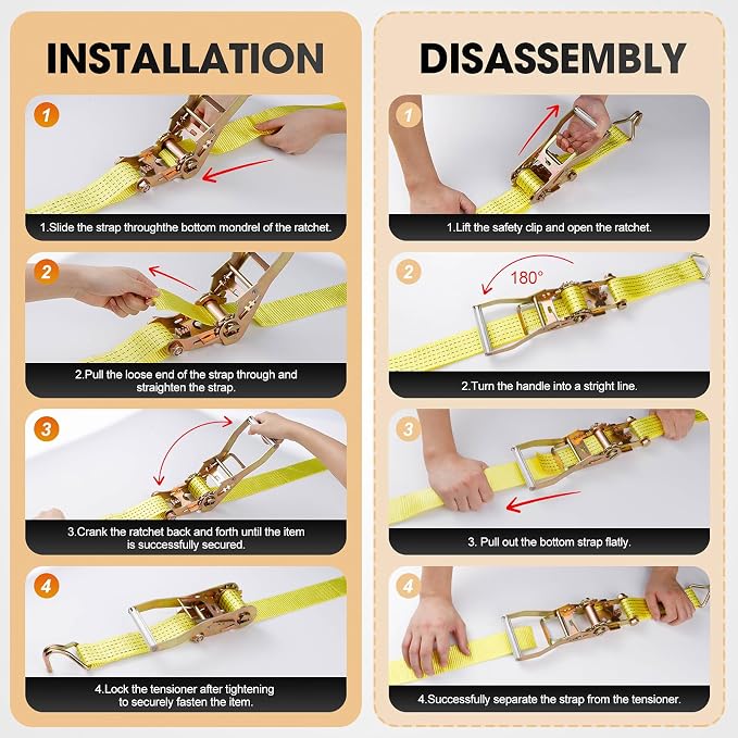 4Pack Ratchet Straps Heavy Duty-2 Inch x 20 Feet(7,500lb Break Strength), Tie-Down Ratcheting with J-Hook Cargo Straps Tiedown Ratchet for Moving and Transports with Trailers, Pickup, Flatbed Trucks