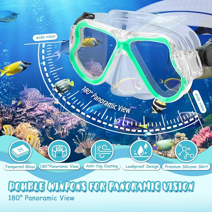 Snorkeling Gear for Kids, 4 in 1 Child Mask Fins Snorkel Set with Panoramic View Anti Fog Mask, Dry Top Snorkel, Trek Fins and Travel Bag, Kids Snorkeling Set with Fins for Snorkeling Swimming