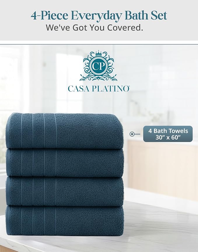 Casa Platino 100% Cotton 4 Pack Bath Towels (30"x60") - Ring Spun Mercerized Cotton Bathroom Towels Set - Quick Dry, Soft & Absorbent Large Bath Towels - Machine Wash in Cold Water - Steel Blue