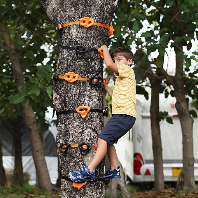 TOPNEW 20 Ninja Tree Climbing Holds for Kids Climber, Orange & Black Tree Climbing Kit with 6 Ratchet Straps for Outdoor Ninja Warrior Obstacle Course Training