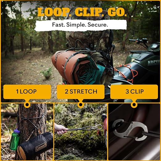 LoopRope Hunter Pack Heavy Duty Bungee Cord Set – Patented Adjustable Multi-Loop Tie Down System, Includes 3ft, 4ft & 5ft Ropes and 6 Carabiners for Camping, Trailer, ATV & More