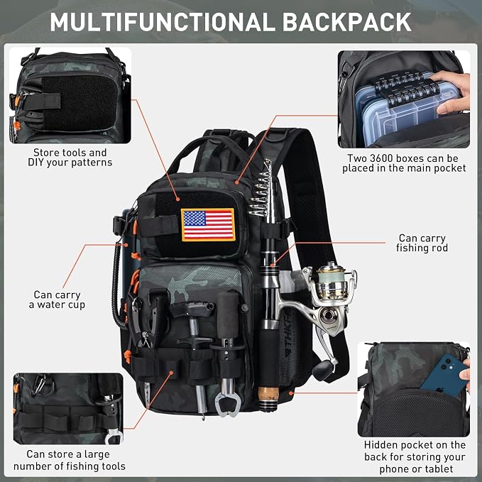 THKFISH Fishing Backpack with Rod Holder, Fishing Tool Kit, Water-Resistant Bag With Fishing Lures Kit, Fishing Tackle Box and Pliers Set for Men Women (Black Camo-87pcs)