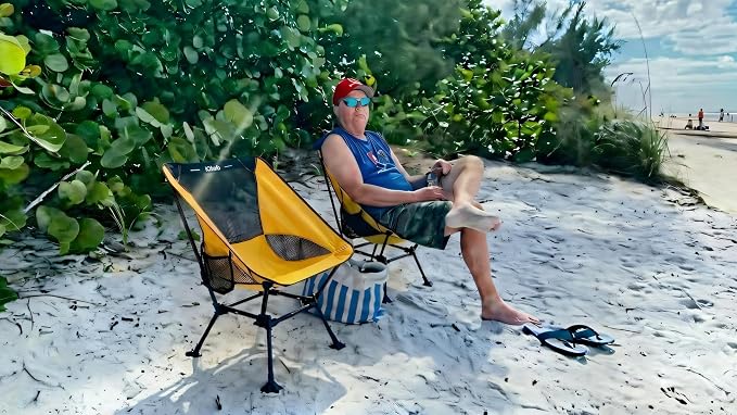 iClimb Ultralight Compact Camping Folding Beach Chair with Anti-Sinking Large Feet and Back Support Webbing (Yellow - Square Frame - 2PC)