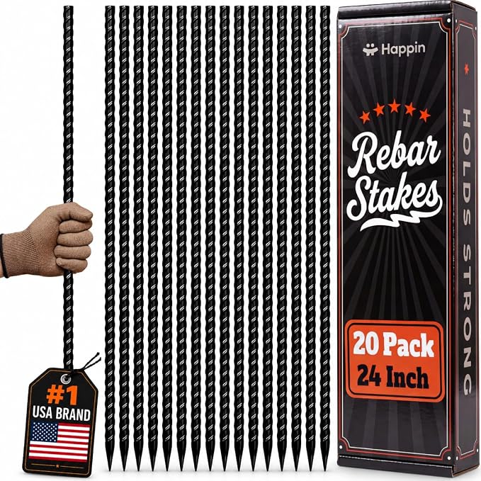 Happin® 24 Inch Rebar Stakes, Straight Garden Stakes Heavy Duty Galvanized Metal Stakes, Landscape Timber, Concrete Form, Tree & Plant Support, Yard Stakes, Ground Anchors (I Shape – 20 Pack)
